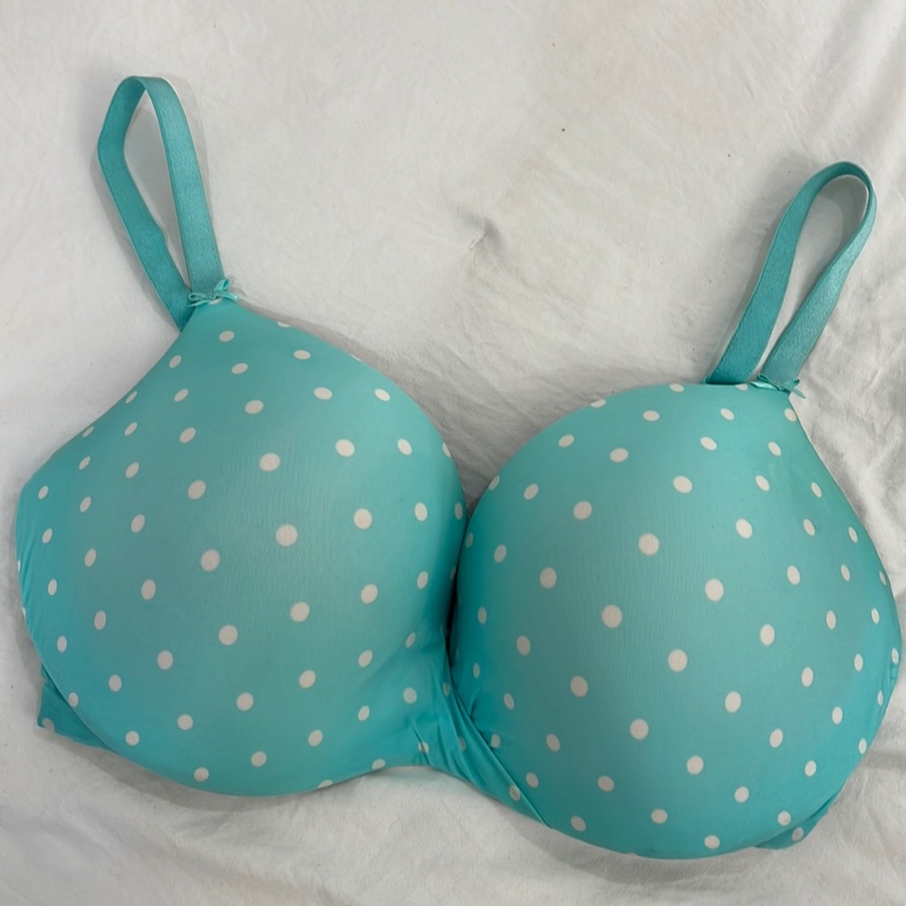 Victoria’s Secret polkadot blue white teal padded bra 36DD retro sexy plunge